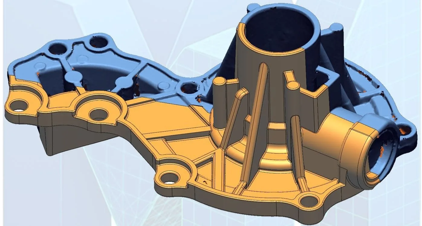 Demonstration of Scan-to-CAD conversion process transforming 3D scanned parts into editable CAD models for reverse engineering.